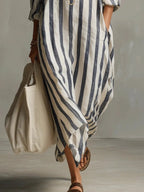 Cora - Women's Striped Linen Oversized Shirt Dress