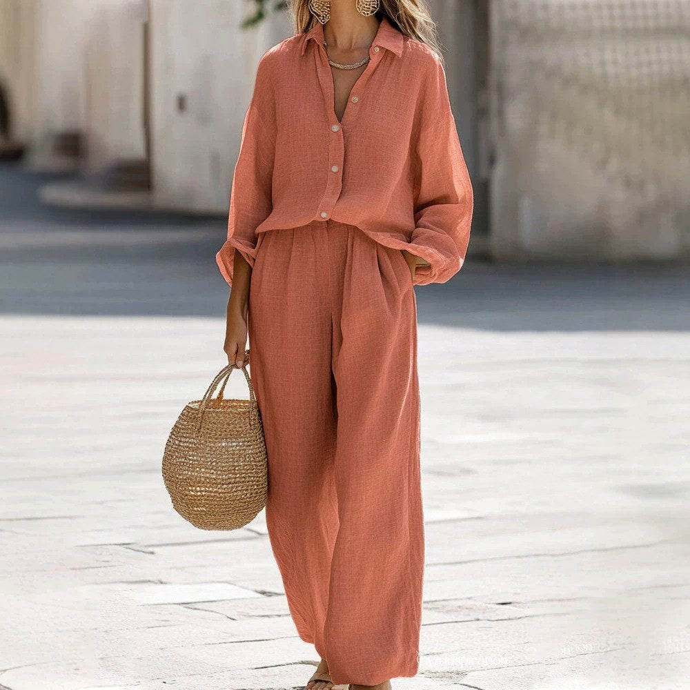 Corinne - Women's Cotton Lapel Wide Leg Matching Set 2