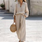 Corinne - Women's Cotton Lapel Wide Leg Matching Set 4