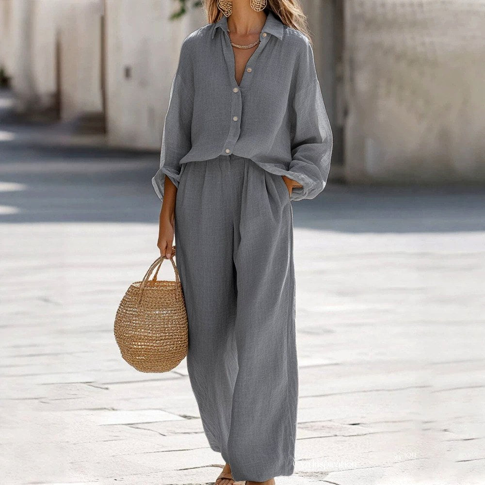 Corinne - Women's Cotton Lapel Wide Leg Matching Set 5