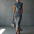 Corinne - Women's Draped Crop Top & Ruched Maxi Skirt Set 1