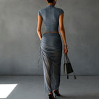 Corinne - Women's Draped Crop Top & Ruched Maxi Skirt Set 2