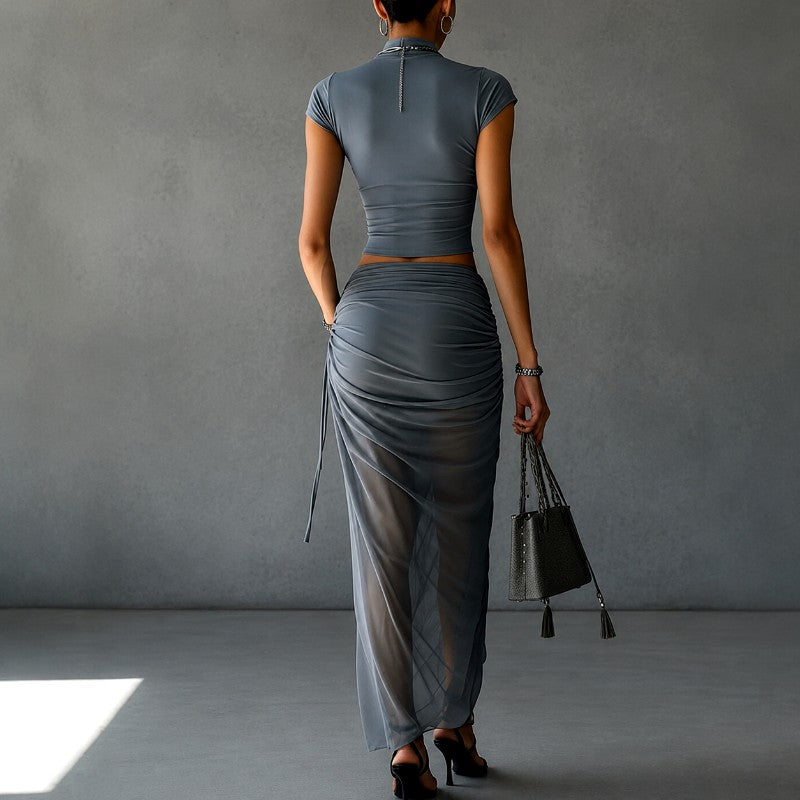 Corinne - Women's Draped Crop Top & Ruched Maxi Skirt Set 2