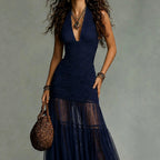 Cristina - Women's Halter Neck Mesh Panel Maxi Dress 2