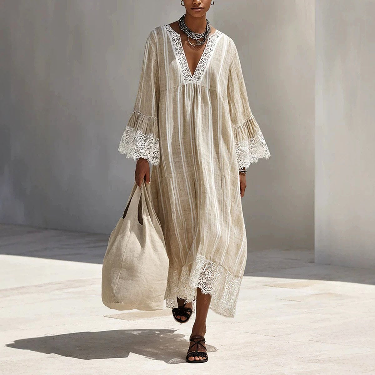 Cynthia - Women's Lace Trim Striped Maxi Dress 1