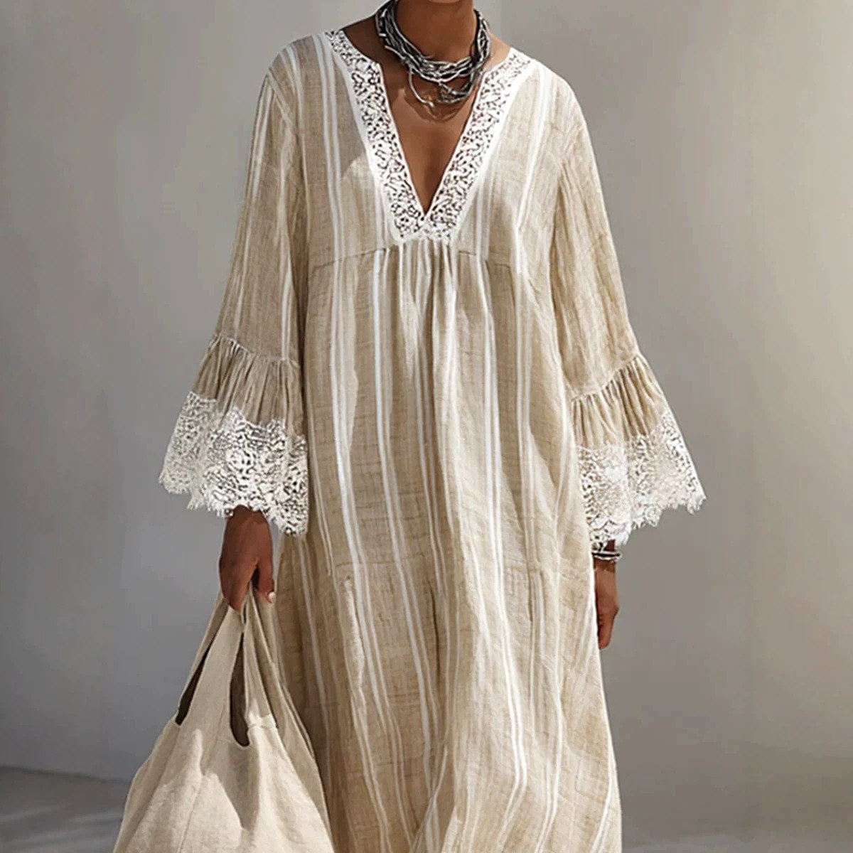 Cynthia - Women's Lace Trim Striped Maxi Dress 2