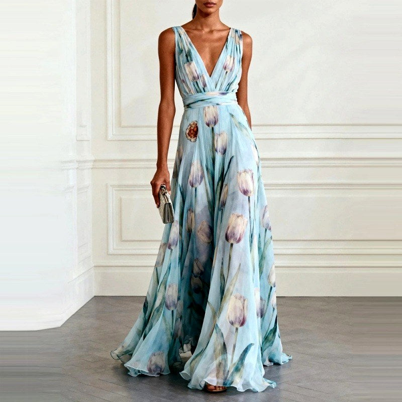 Dahlia - Women's Tulip Print V-Neck Flowy Maxi Dress 1