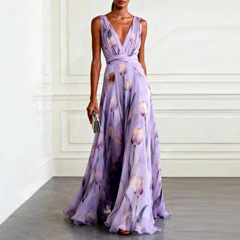 Dahlia - Women's Tulip Print V-Neck Flowy Maxi Dress 2