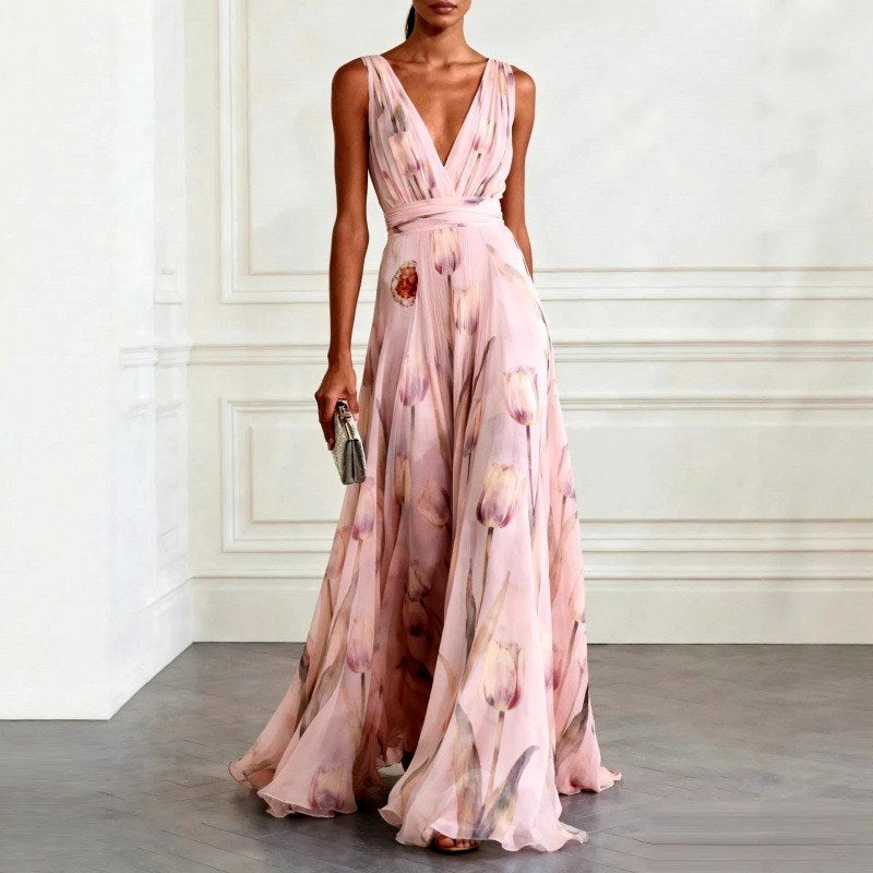 Dahlia - Women's Tulip Print V-Neck Flowy Maxi Dress 3