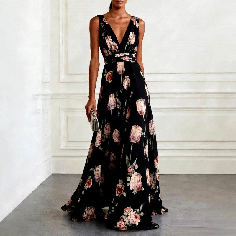 Dahlia - Women's Tulip Print V-Neck Flowy Maxi Dress 4