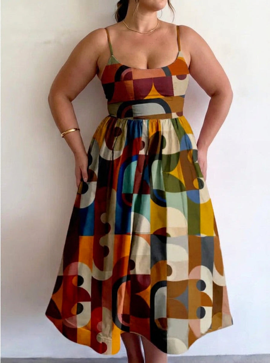 Daphne - Women's Geometric Color-Block Midi Dress with Fitted Bodice