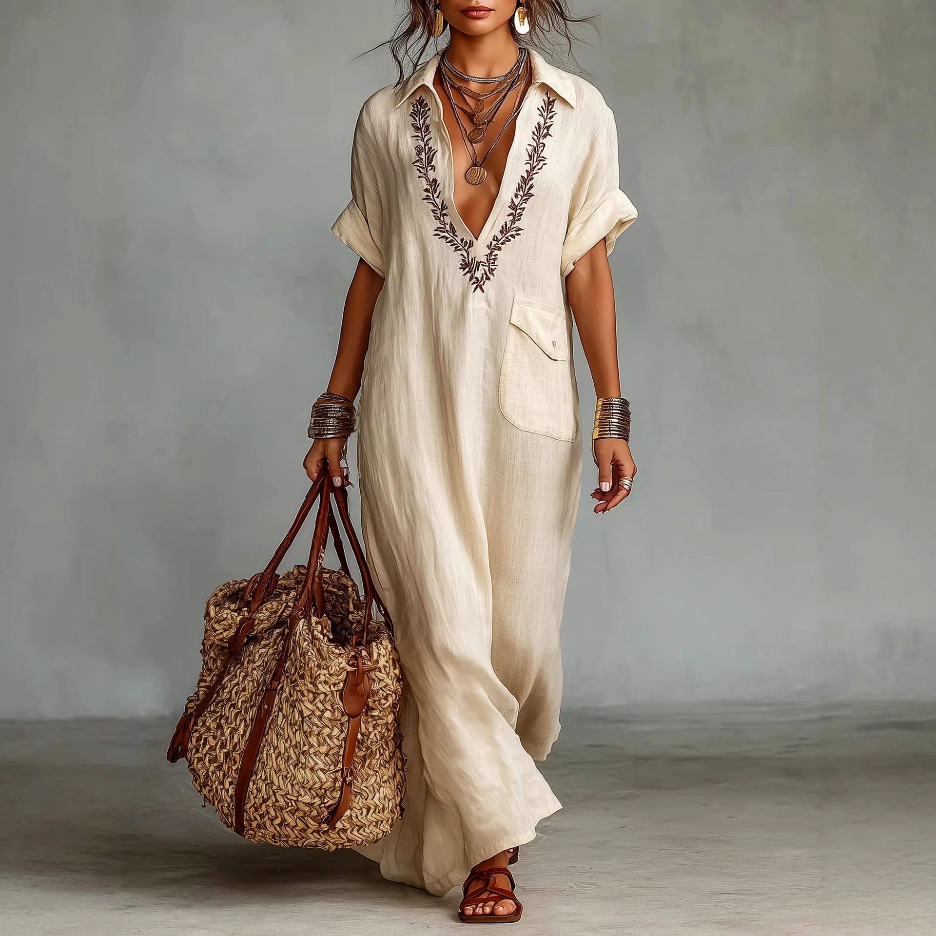 Daphne - Women's Leaf Embroidery Relaxed Maxi Dress 1