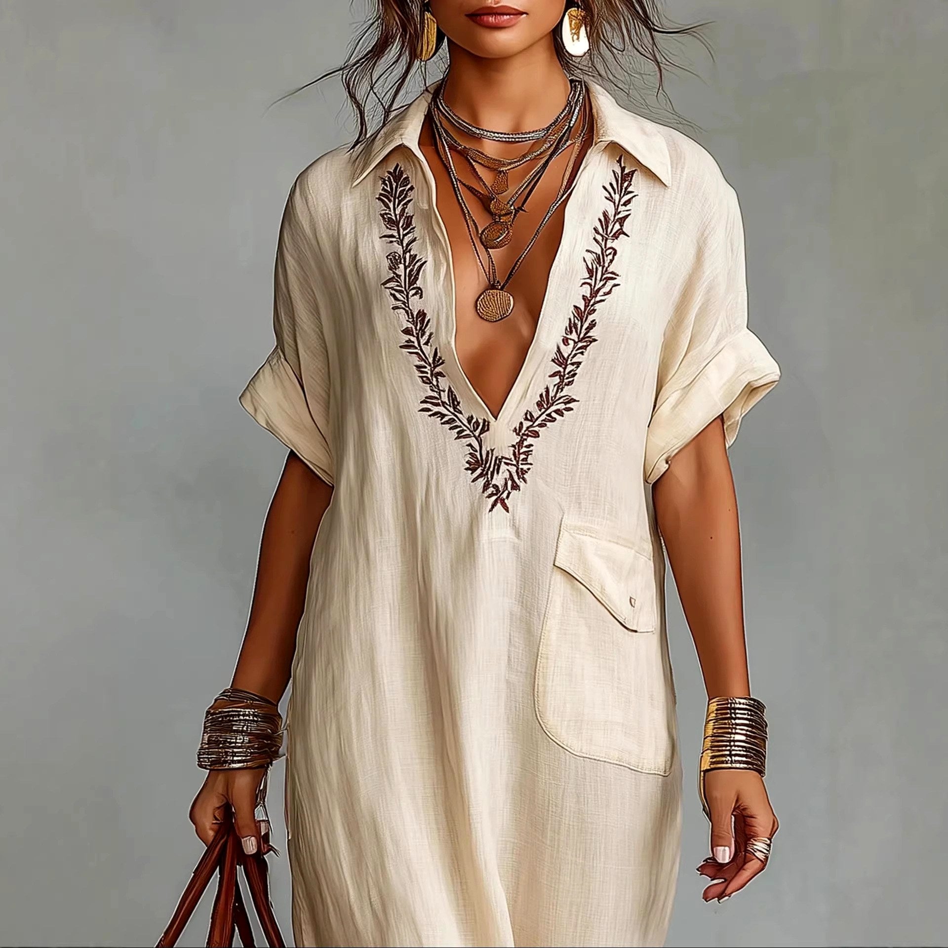 Daphne - Women's Leaf Embroidery Relaxed Maxi Dress 2