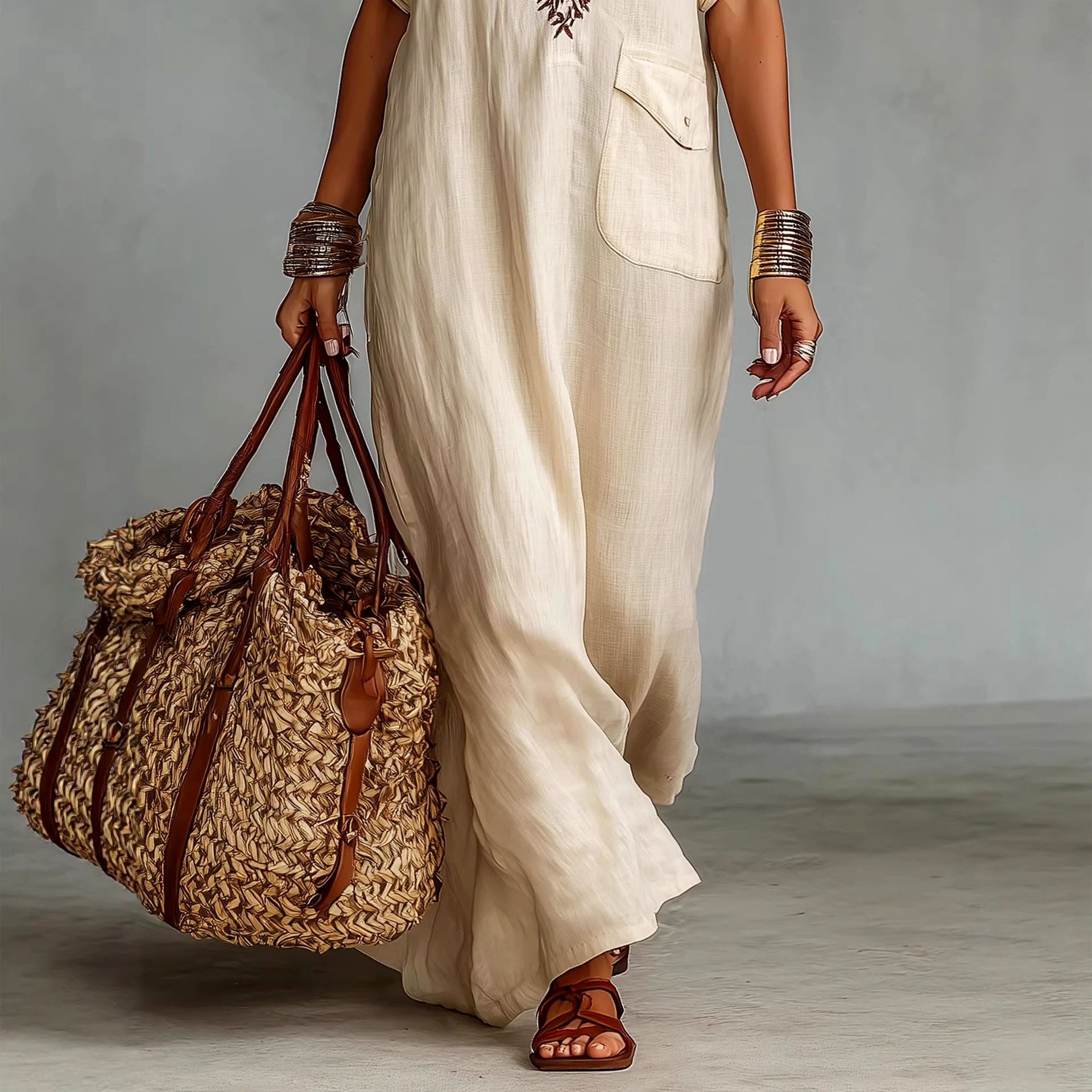Daphne - Women's Leaf Embroidery Relaxed Maxi Dress 3
