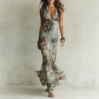 Deborah - Women's Floral Halter V-Neck Maxi Dress 1