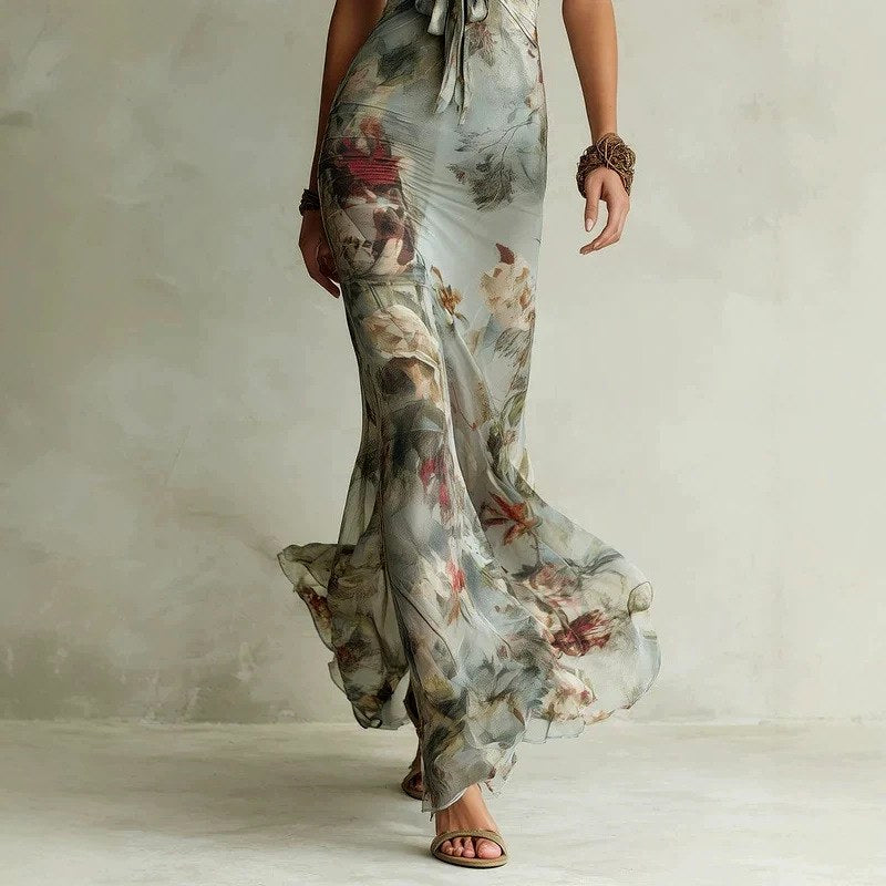 Deborah - Women's Floral Halter V-Neck Maxi Dress 3
