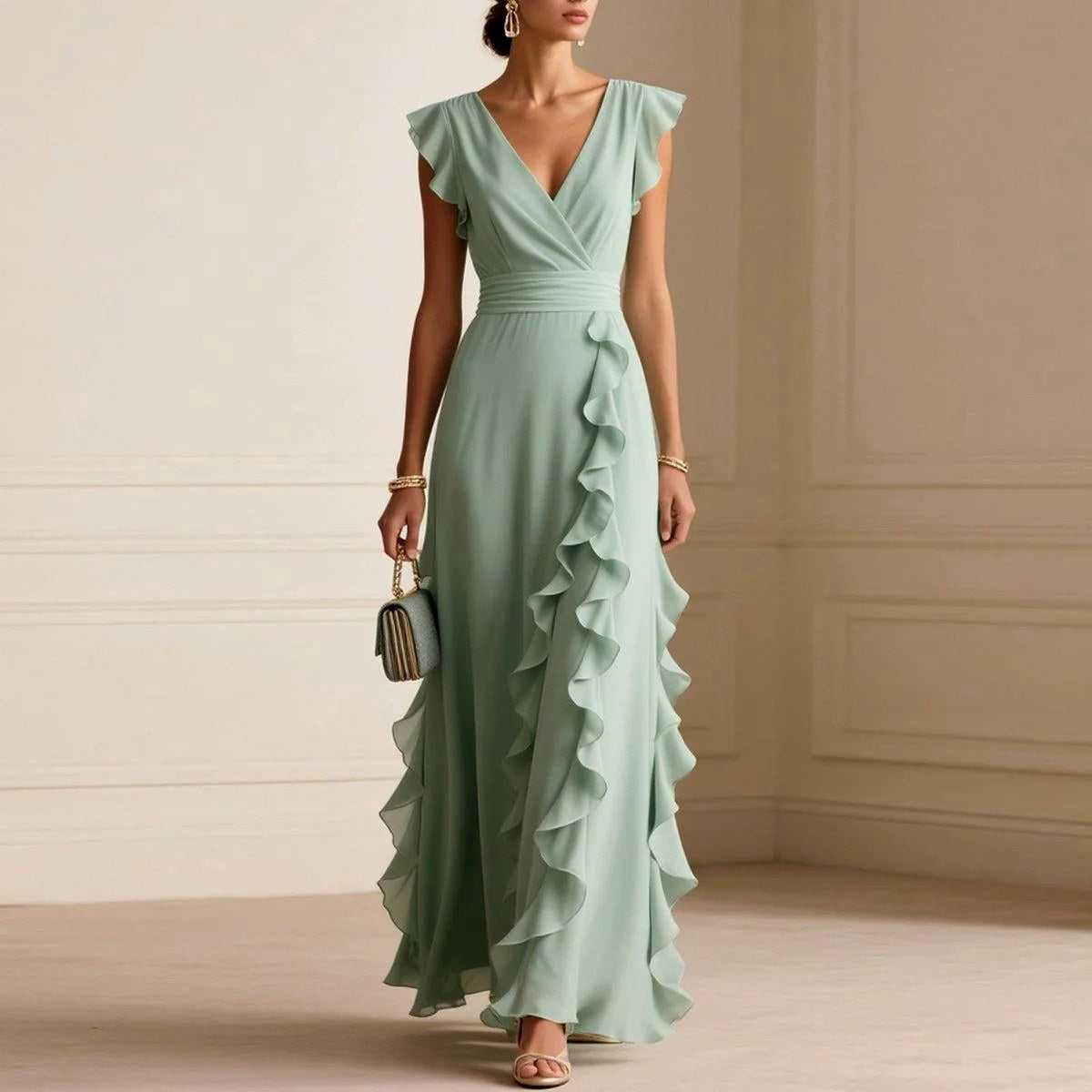 Deborah - Women's Ruffle Trim Wrap Maxi Dress 1