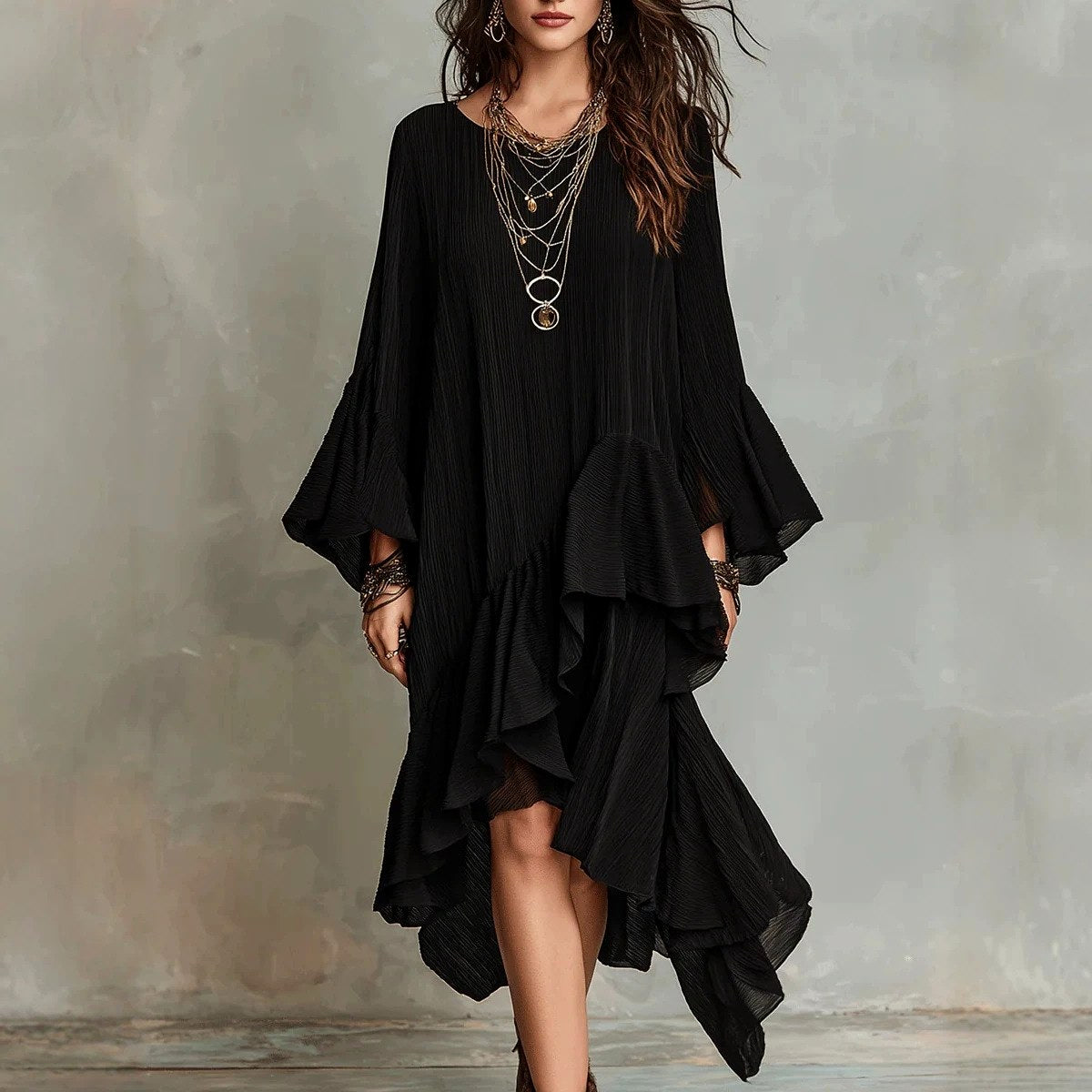 Della - Women's Asymmetric Ruffle Midi Dress 1