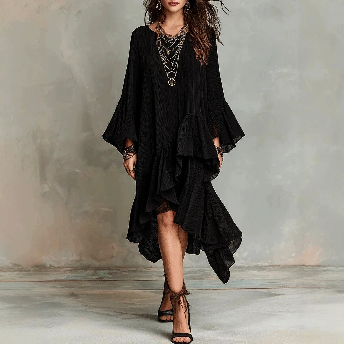Della - Women's Asymmetric Ruffle Midi Dress 2