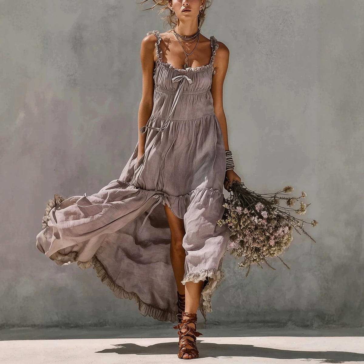 Della - Women's Ruffle Strap Boho Maxi Dress 1