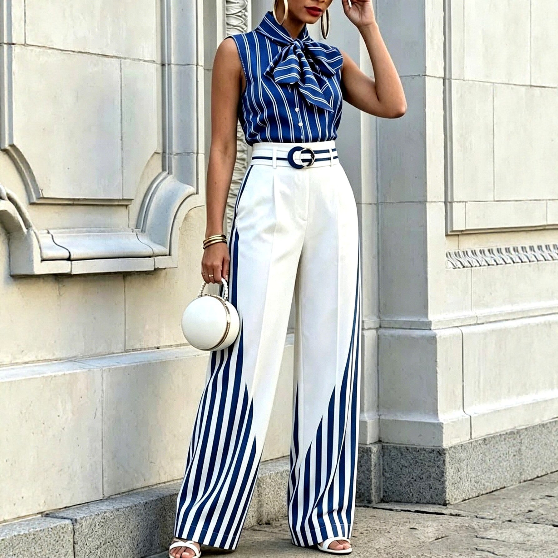 Devi - Women's Striped Tie Neck Two-Piece Set 1