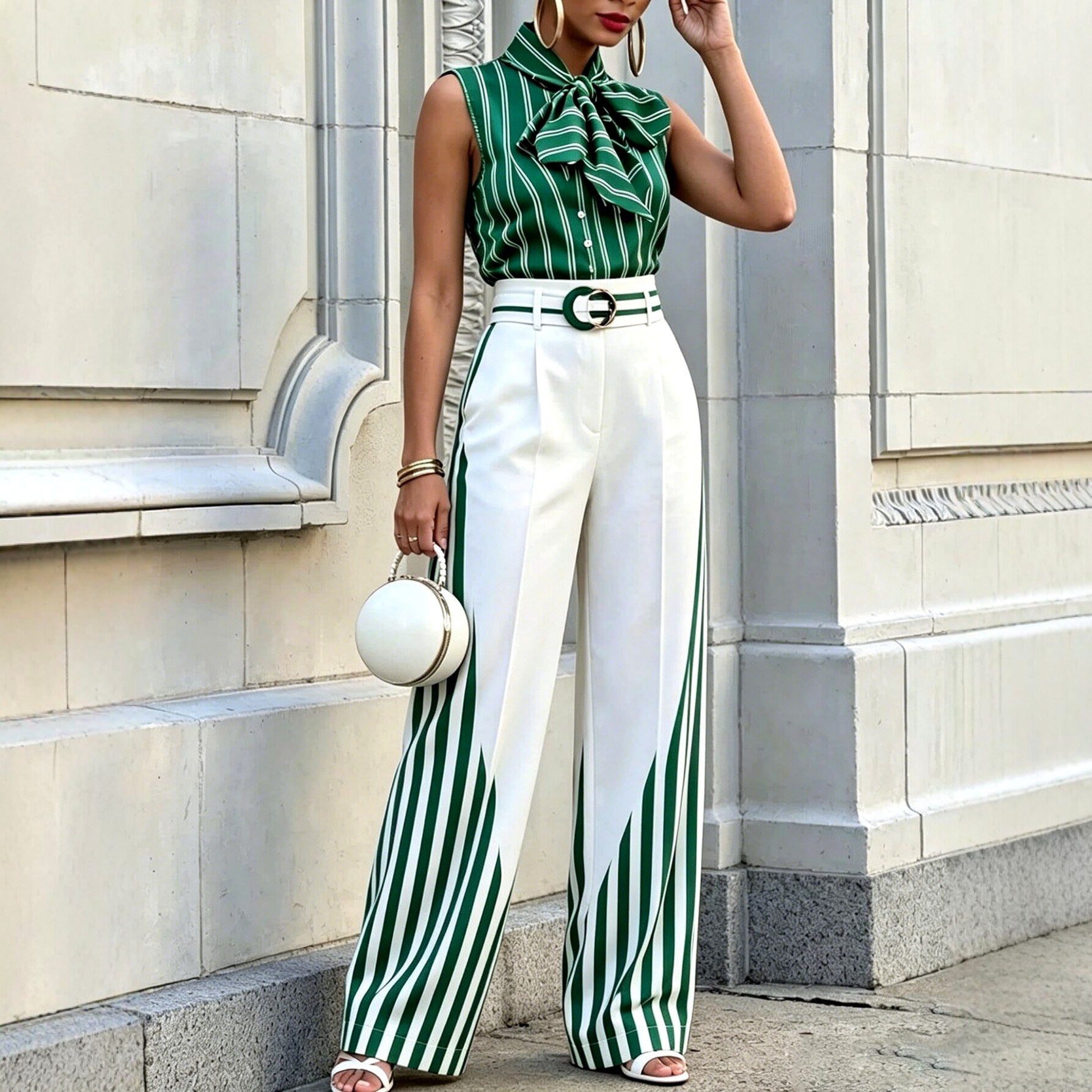 Devi - Women's Striped Tie Neck Two-Piece Set 2