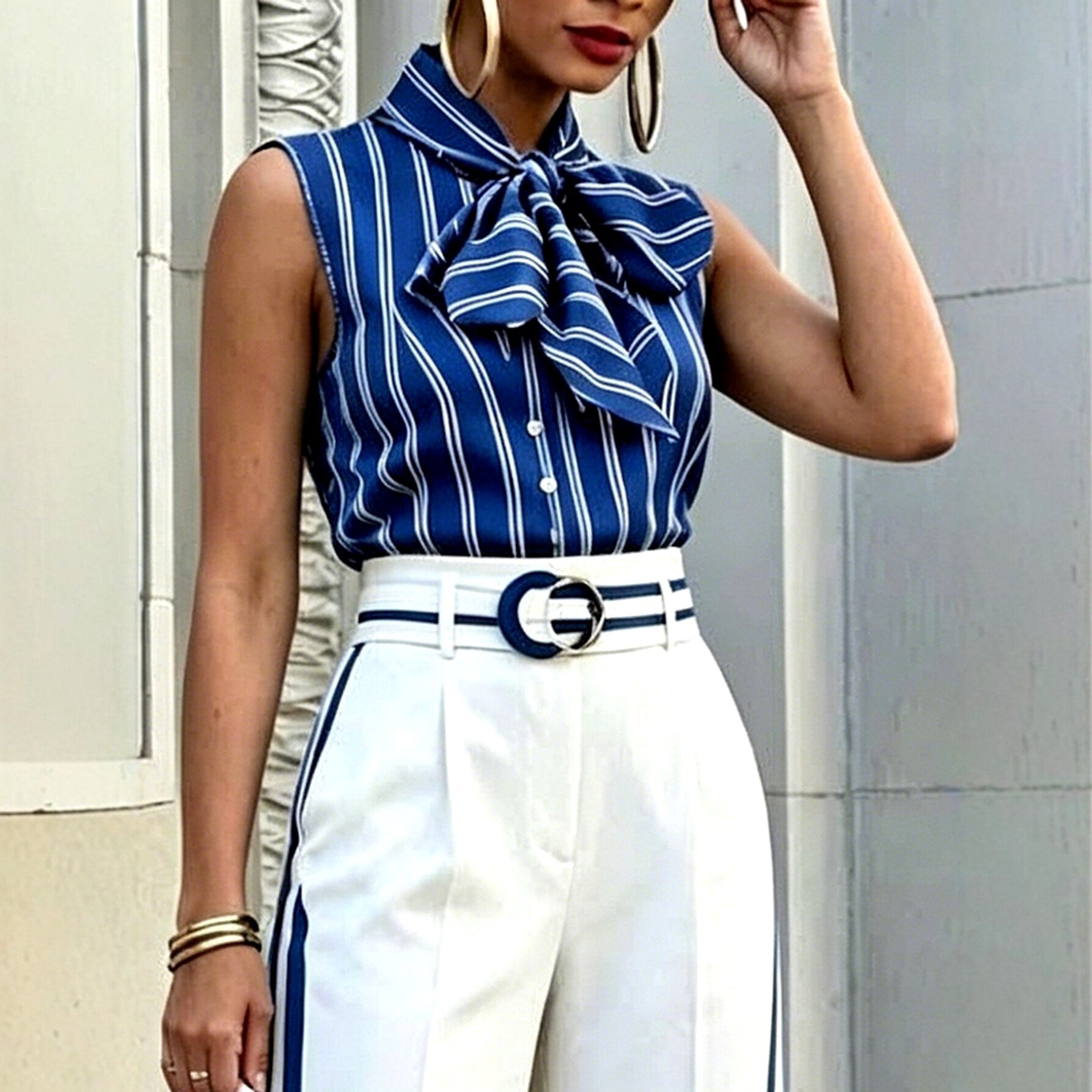 Devi - Women's Striped Tie Neck Two-Piece Set 4