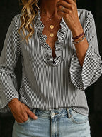 Diana - Women's Ruffle V-Neck Striped Blouse 2