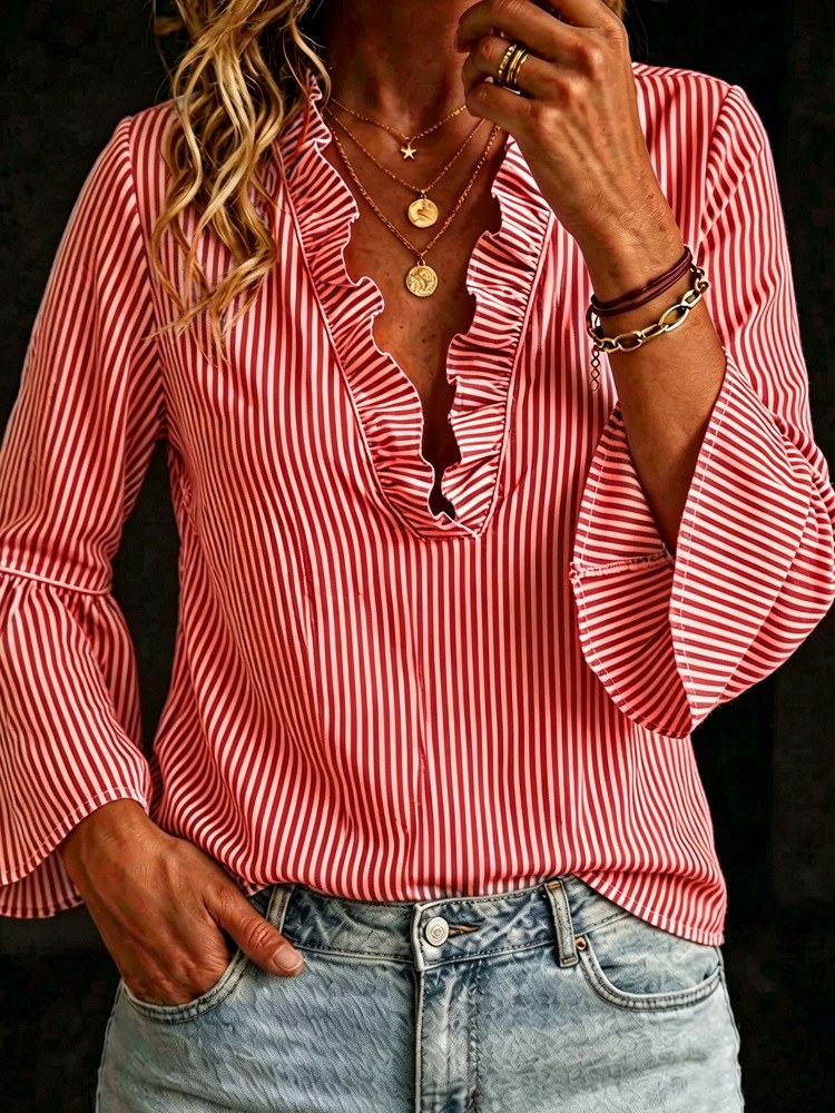 Diana - Women's Ruffle V-Neck Striped Blouse 3