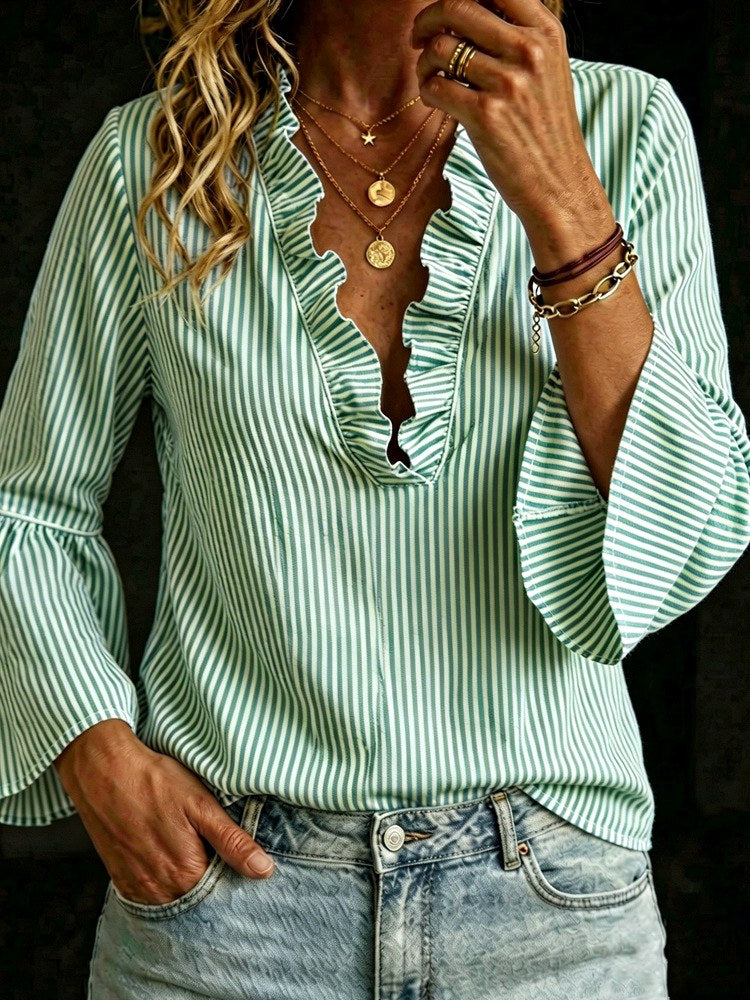 Diana - Women's Ruffle V-Neck Striped Blouse 4