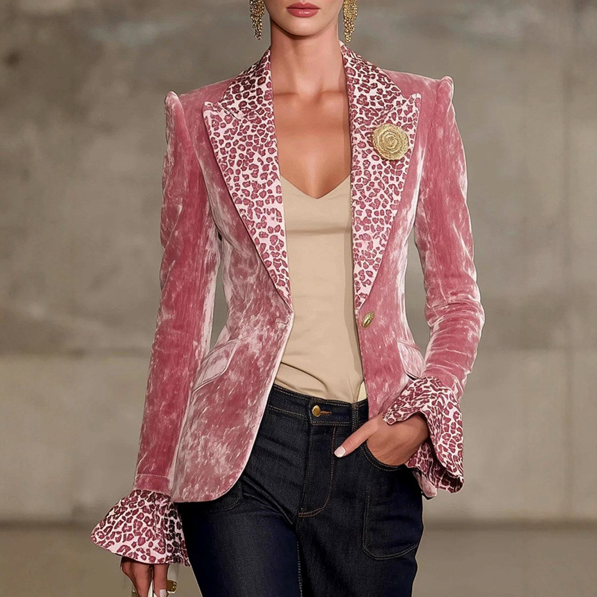 Dolly - Women's Velvet Leopard Trim Single-Button Blazer 1