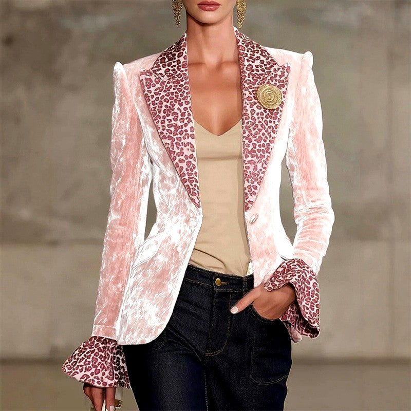 Dolly - Women's Velvet Leopard Trim Single-Button Blazer 2