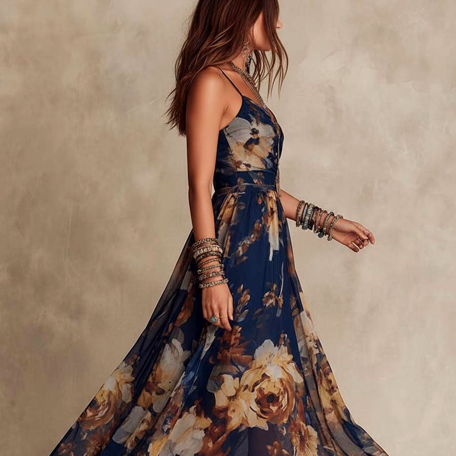 Doris - Women's Floral Flowing Chiffon Maxi Dress 4