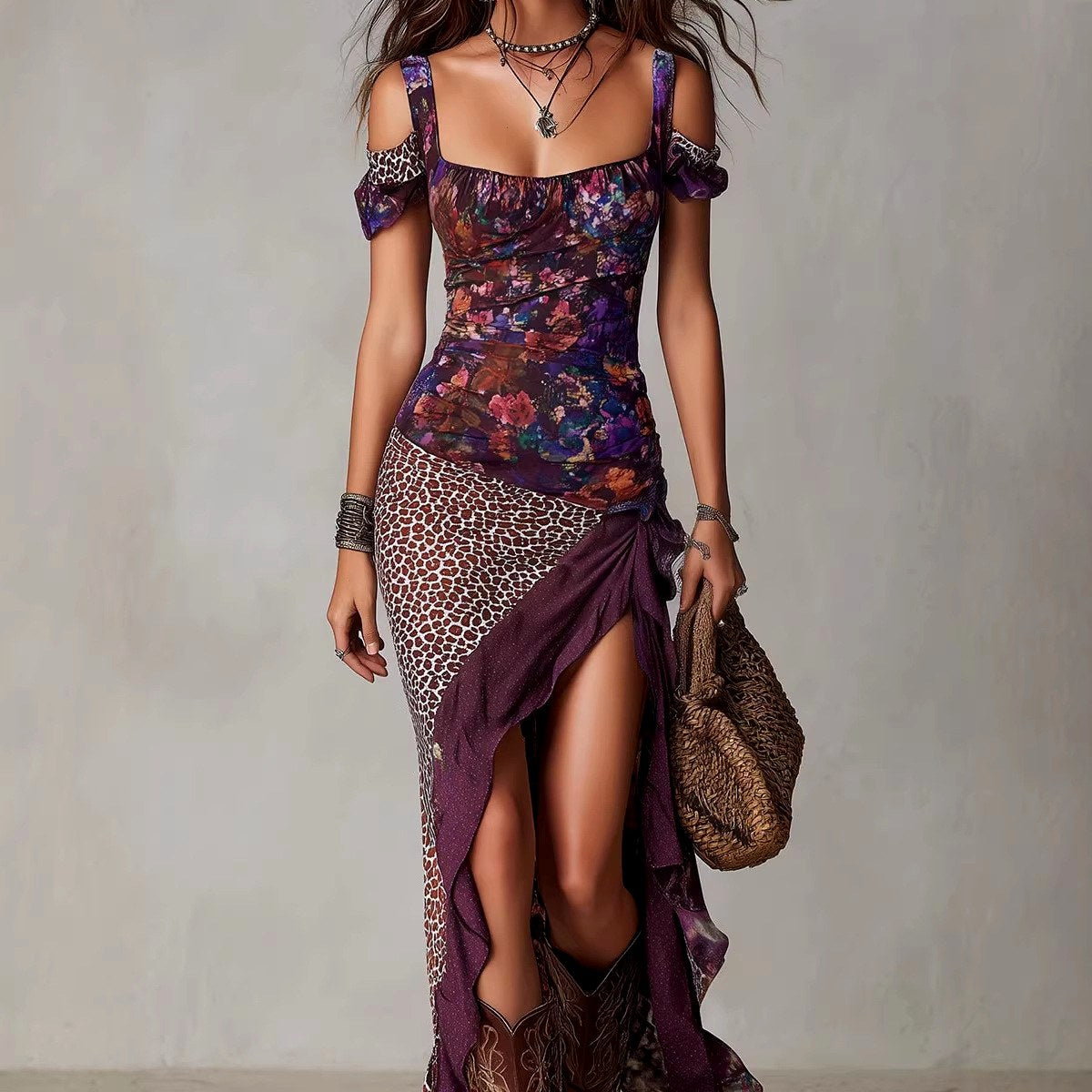 Doris - Women's Patchwork Square Neck Resort Maxi Dress 4