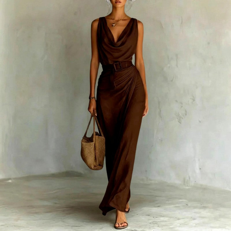 Edith - Women's Cowl V-Neck Belted Resort Maxi Dress 1