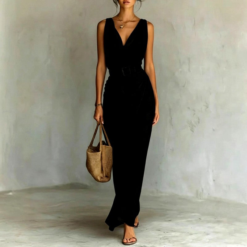 Edith - Women's Cowl V-Neck Belted Resort Maxi Dress 2