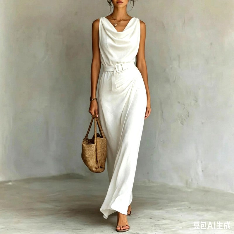 Edith - Women's Cowl V-Neck Belted Resort Maxi Dress 3