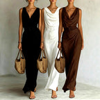 Edith - Women's Cowl V-Neck Belted Resort Maxi Dress 5