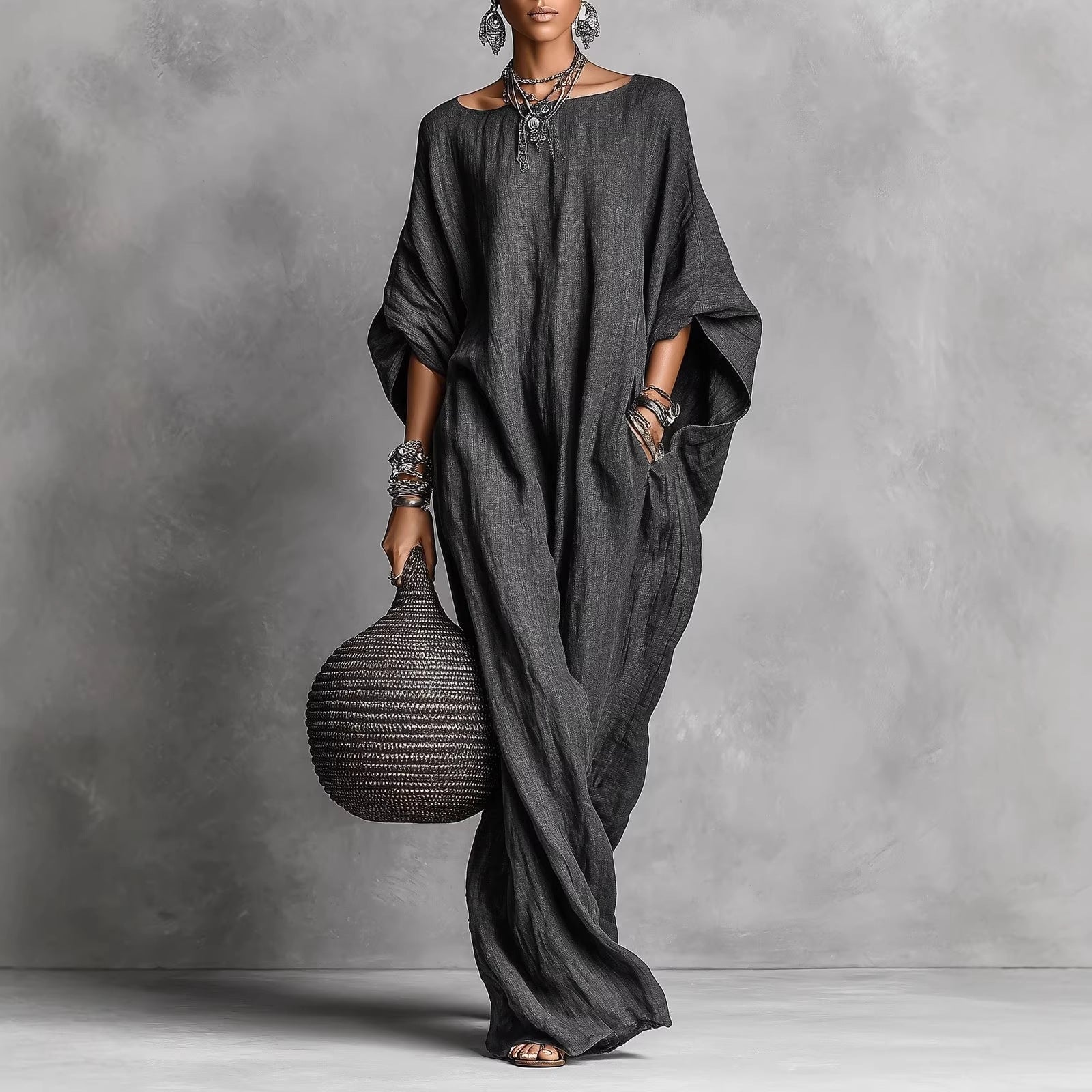 Elektra - Women's Faux Linen Batwing Maxi Dress 1