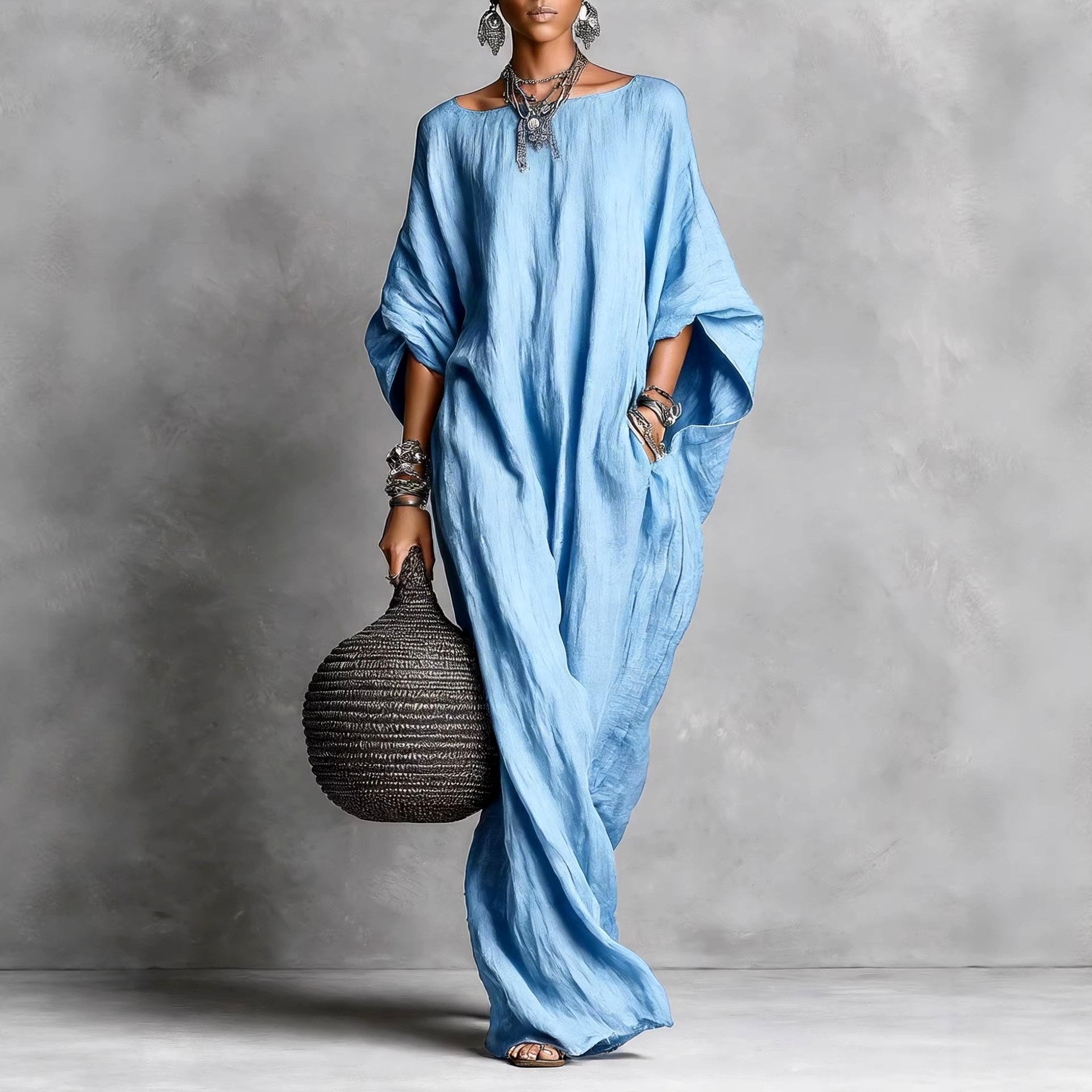 Elektra - Women's Faux Linen Batwing Maxi Dress 2