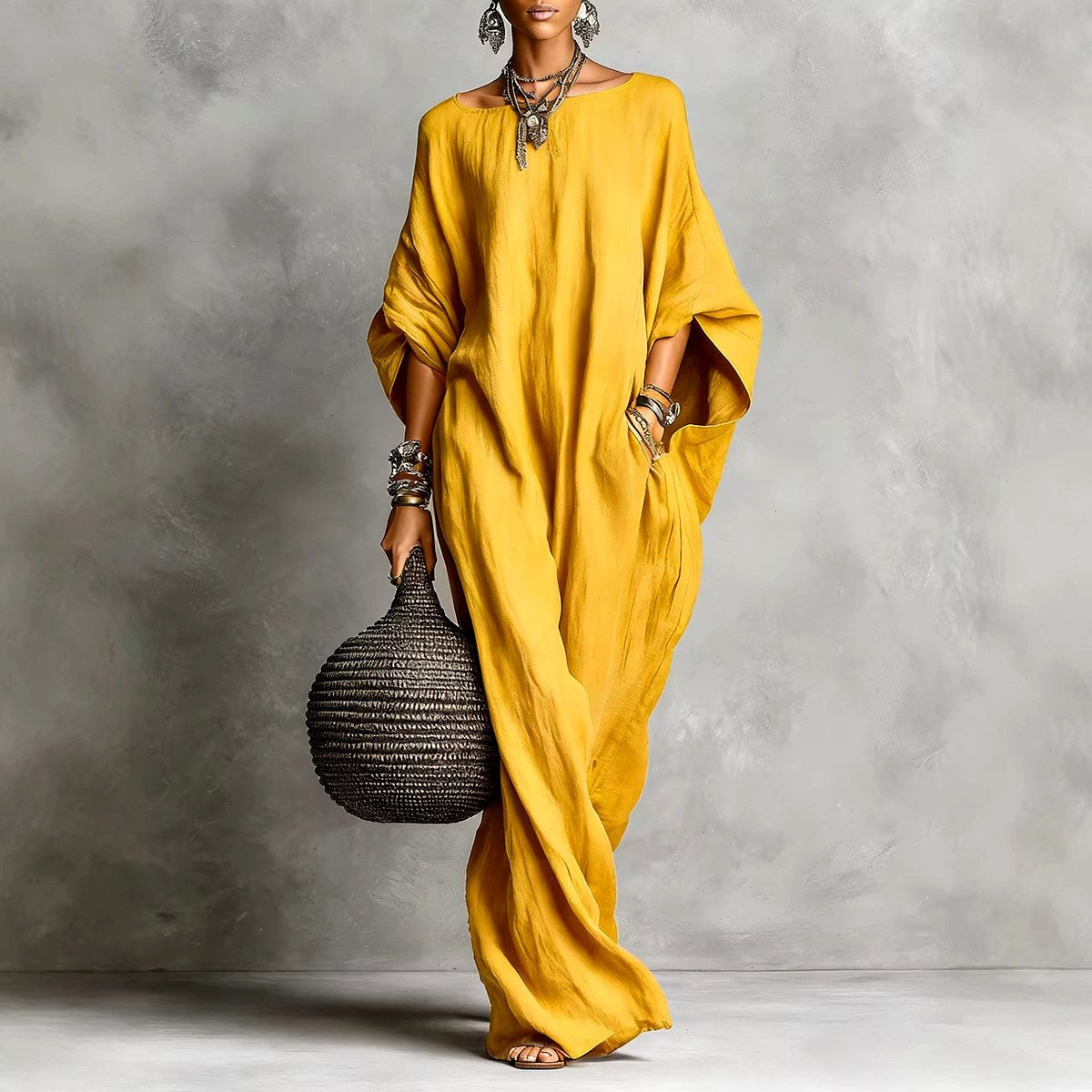 Elektra - Women's Faux Linen Batwing Maxi Dress 3
