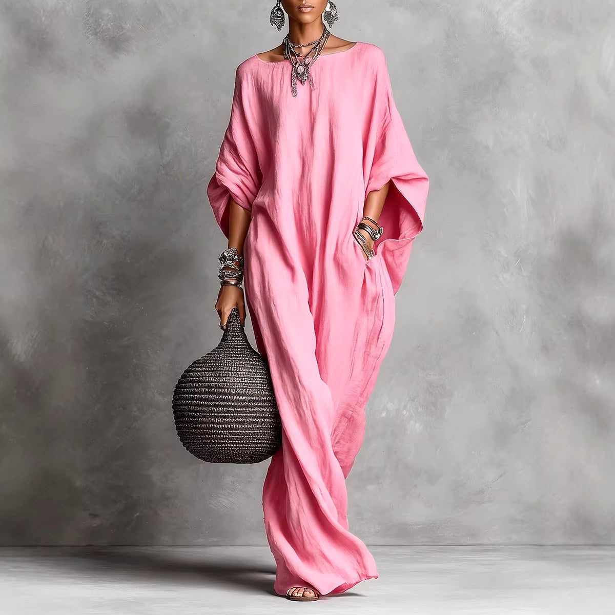 Elektra - Women's Faux Linen Batwing Maxi Dress 4
