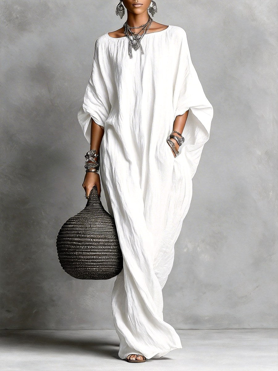 Elektra - Women's Faux Linen Batwing Maxi Dress 5