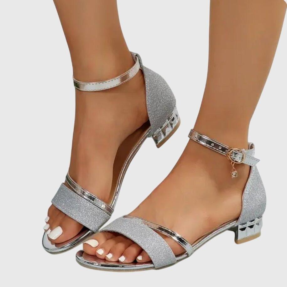 Elia - Women's Glitter Block Heel Sandals with Charm Ankle Strap