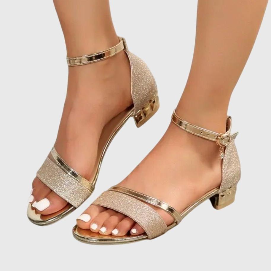 Elia - Women's Glitter Block Heel Sandals with Charm Ankle Strap