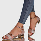Elia - Women's Glitter Block Heel Sandals with Charm Ankle Strap