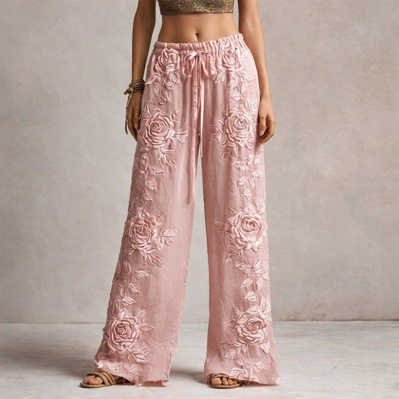 Eliana - Women's Floral Embroidered Wide-Leg Pants