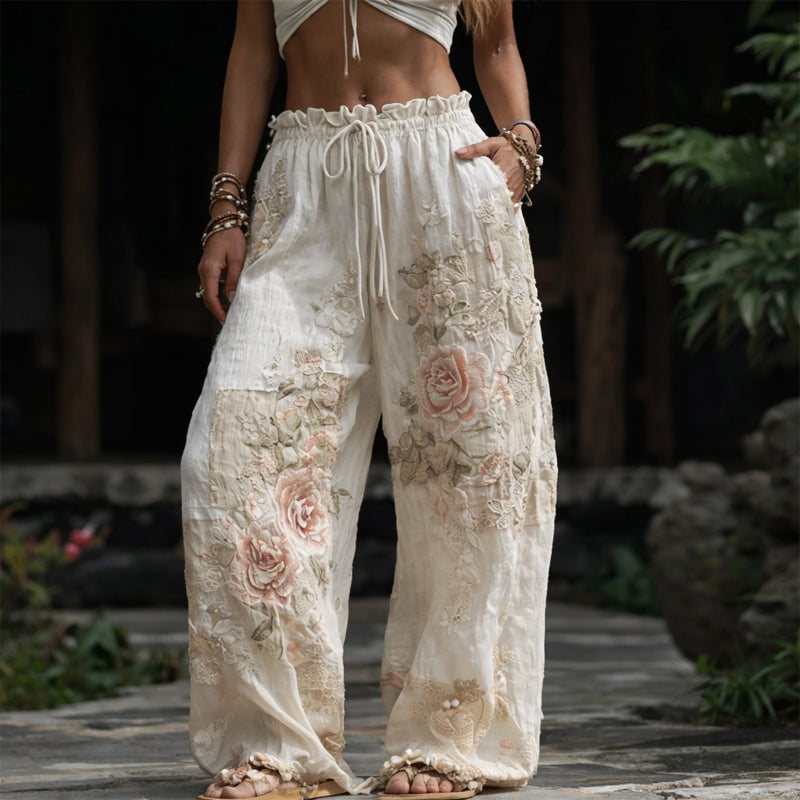 Eliana - Women's Floral Embroidered Wide-Leg Pants