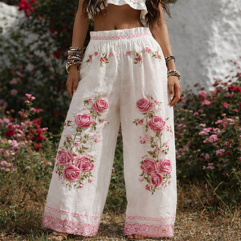 Eliana - Women's Floral Embroidered Wide-Leg Pants