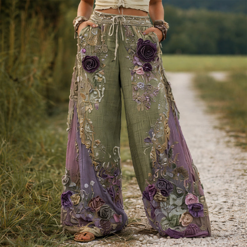 Eliana - Women's Floral Embroidered Wide-Leg Pants